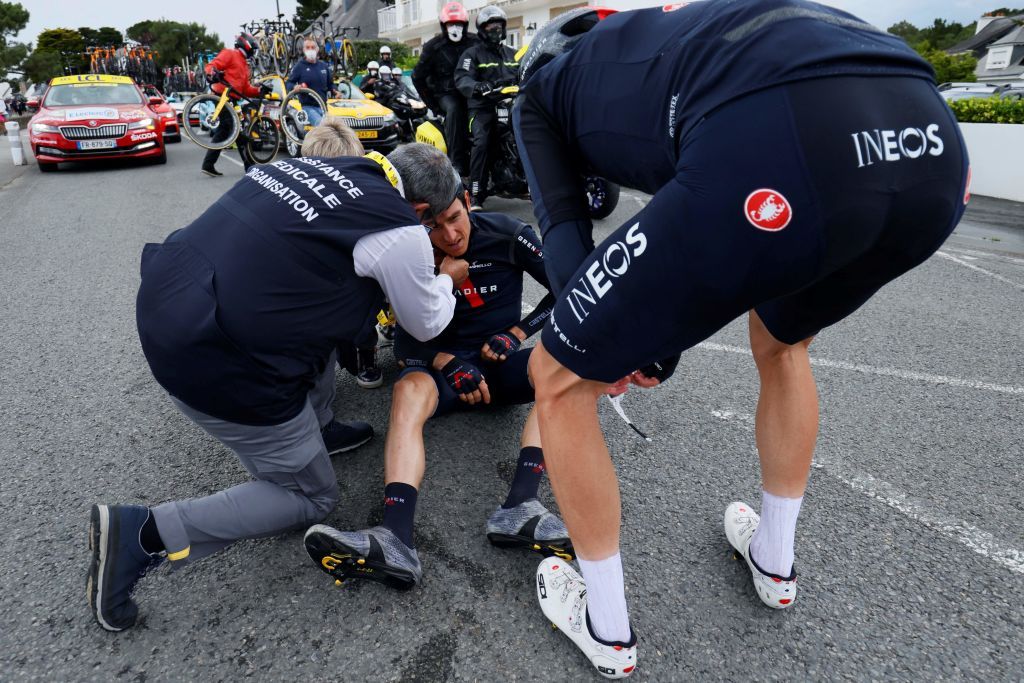 Team Ineos Grenadiers Geraint Thomas of Great Britain sits on the road after crashing during the 3rd stage of the 108th edition of the Tour de France cycling race 182 km between Lorient and Pontivy on June 28 2021 Photo by Thomas SAMSON AFP Photo by THOMAS SAMSONAFP via Getty Images