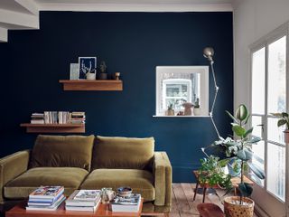 Hague blue living rooms with mustard sofa