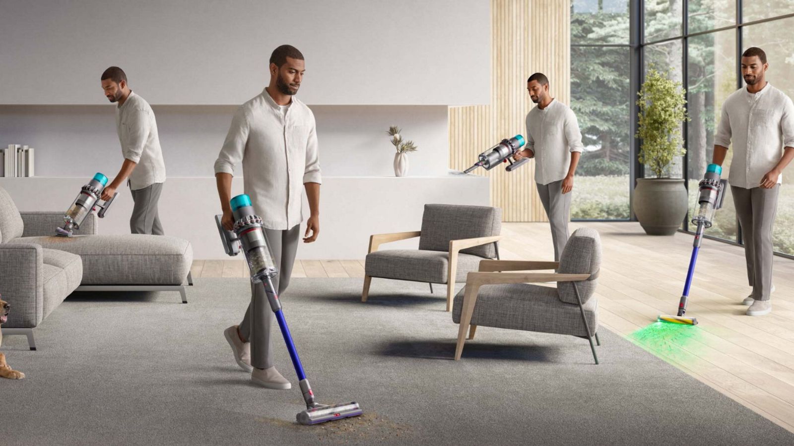 A lifestyle shot showing a man using the Dyson gen5outsize cordless vacuum cleaner in four different places in a minimalist, modern grey living room with wooden flooring, white walls, a wooden panelled wall, and large crittal windows.