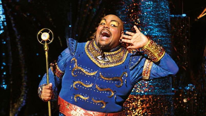 Trevor Dion Nicholas playing the Genie in Aladdin 