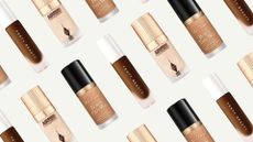 Collage of three of the best foundations for oily skin from Too Faced, Fenty Beauty and Charlotte Tilbury, set at an angle and repeated against an off-white background