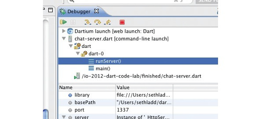 Debug browser apps from inside Dart Editor, which integrates with Dartium, the build of Chromium with the Dart VM