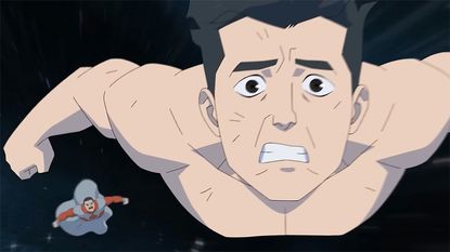 A panicked and half-naked Mark fleeing from Thragg in space in Invincible season 4 episode 7