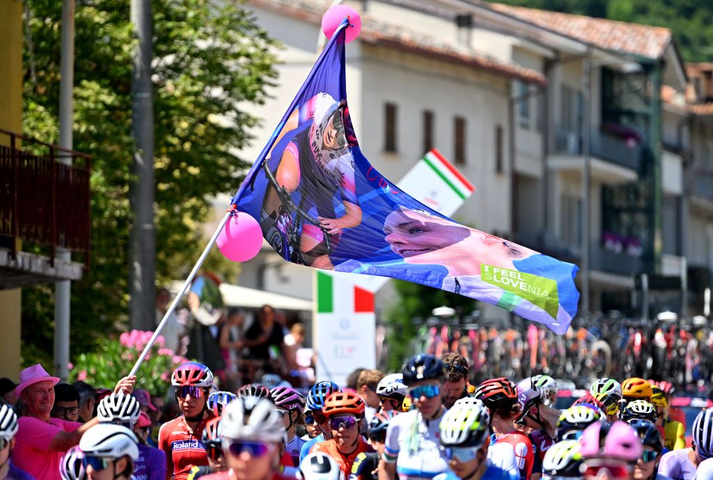 FRONTONE ITALY JULY 11 Fans of Urska Zigart of Slovenia and Team Liv AlUla Jayco prior to the 35th Giro dItalia Women 2024 Stage 5 a 108km stage from Frontone to Foligno UCIWWT on July 11 2024 in Frontone Italy Photo by Luc ClaessenGetty Images