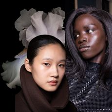 two women with glowing skin on a dark background with a white flower