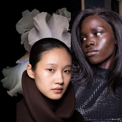 two women with glowing skin on a dark background with a white flower