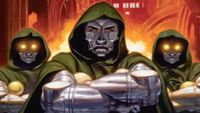 Doctor Doom in his armor and hood with crossed arms, flanked by Doombots with glowing eyes in a gothic environment