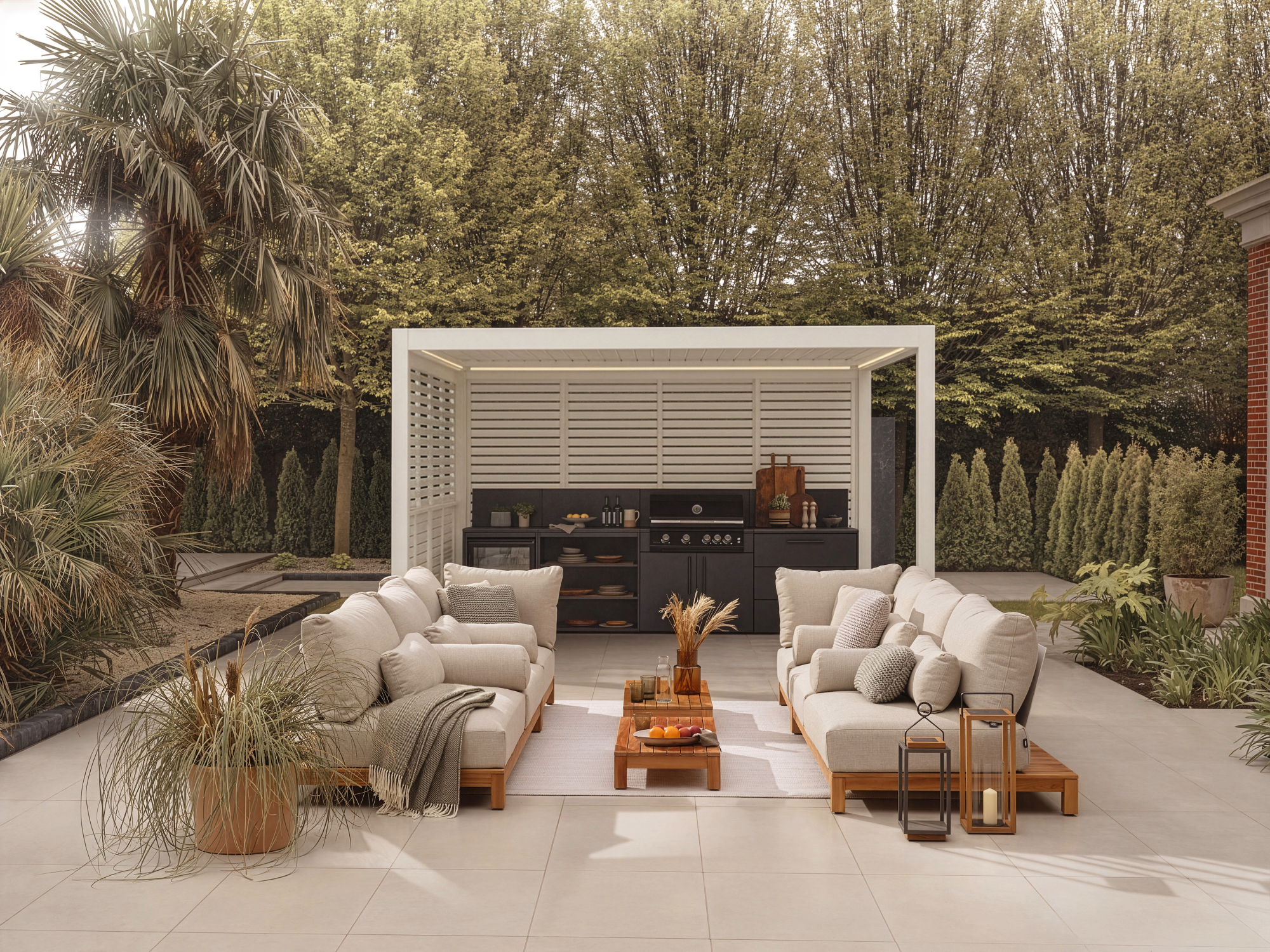 a large pergola with an outdoor kitchen, with two outdoor sofas in front