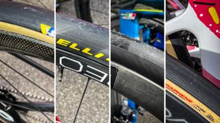 A collage of four tyres at Strade Bianche