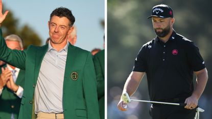 Split image of Rory McIlroy celebrating his Masters win and Jon Rahm.