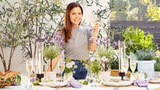 fashion designer monique lhuillier in front of floral tablescape