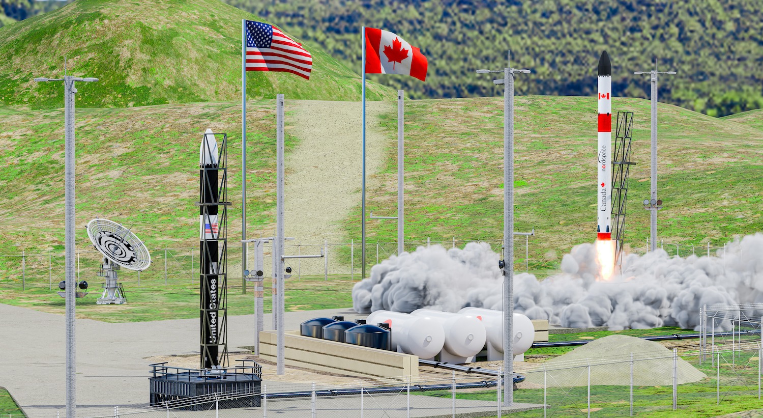 A Canadian flag waves between a black rocket standing on a launchpad on the left, and a white rocket launching on the right.