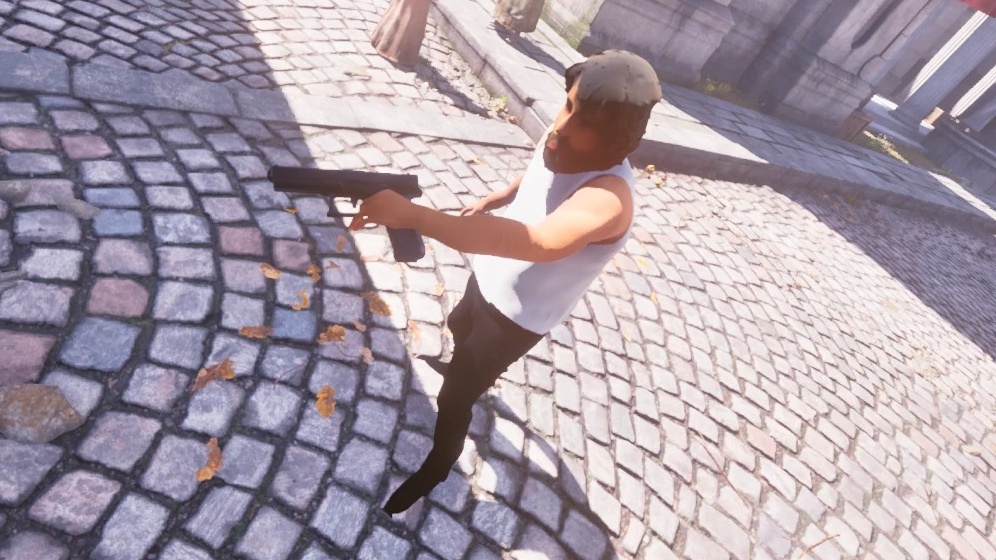 A man with a beard and a white vest wields a pistol in the main plaza of the Imperial City Market District.