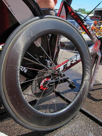 RadioShack team Trek Speed Concept time trial bikes were fitted with custom front wheels built with Zipp 808 carbon tubular rims and Bontrager carbon-shelled hubs.