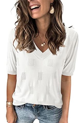 Arach&cloz Womens Spring Summer Tops 2025 Short Sleeve Plus Size Lightweight Sweaters V Neck Trendy Fashion Knit Clothes Clothing Dressy Cute Casual Outfits Business Work Blouse Beige Off White L