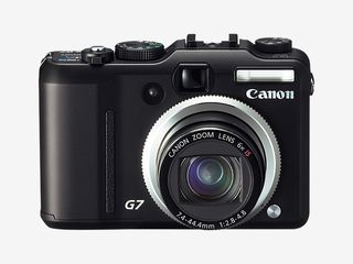 Front view of the Canon G7. The camera shoots 10 Megapixel pictures and has a 6X optical zoom with optical image stabilization.