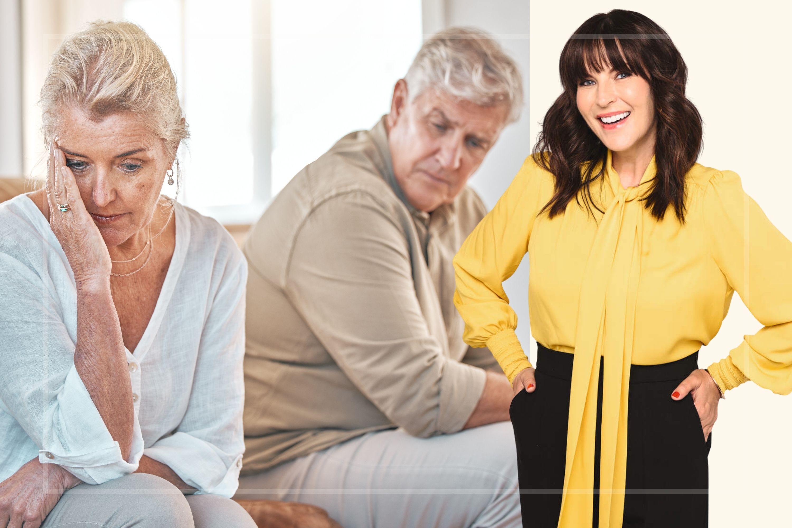 A comp image showing a couple having an argument (left) with a cut out of Anna Richardson (right)