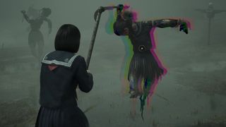 A scarecrow enemy displays a chromatic aura in Silent Hill f indicating a heavy attack will counter them