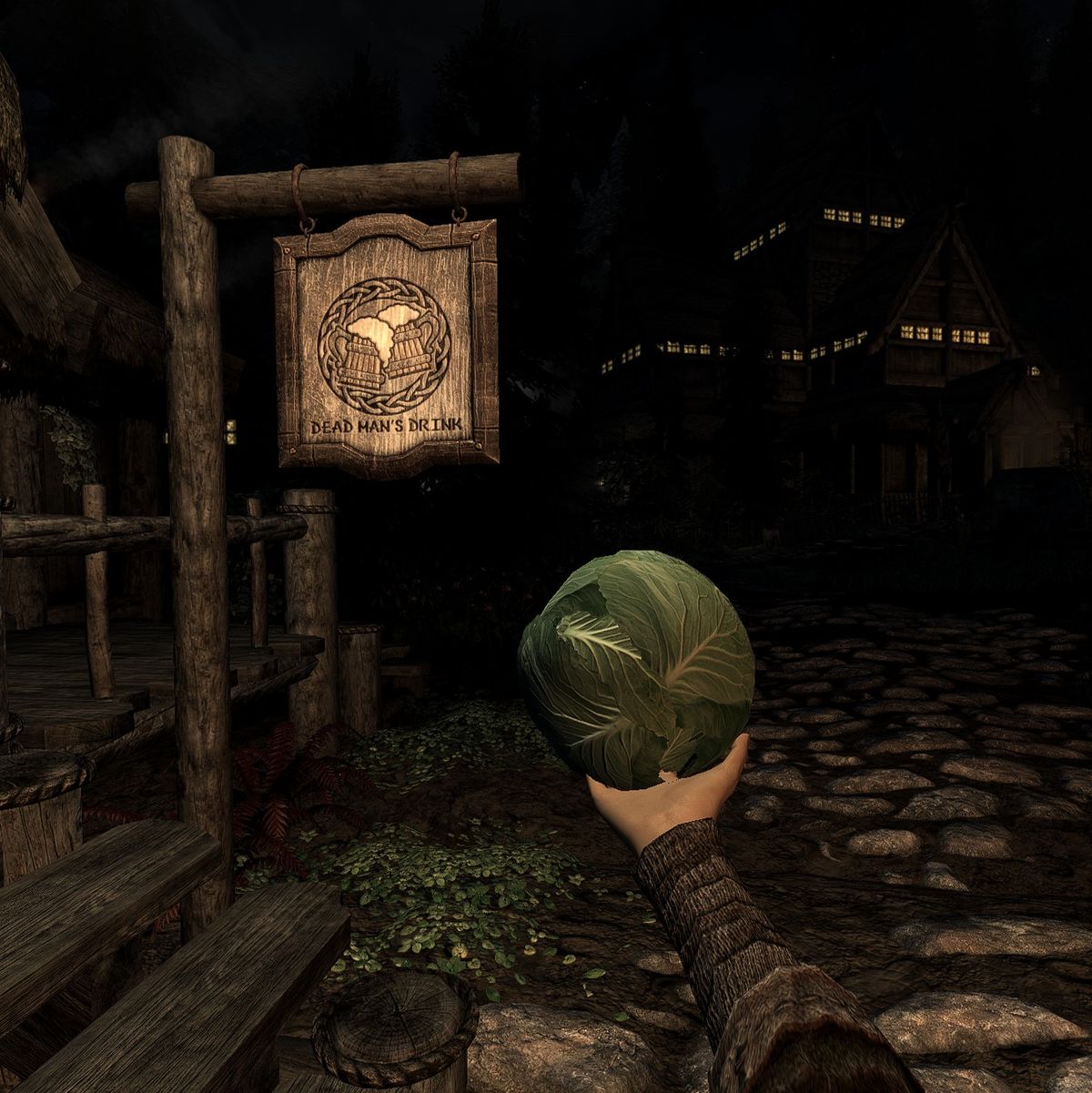 A cabbage being held in an armored hand in a modded game of Skyrim VR.