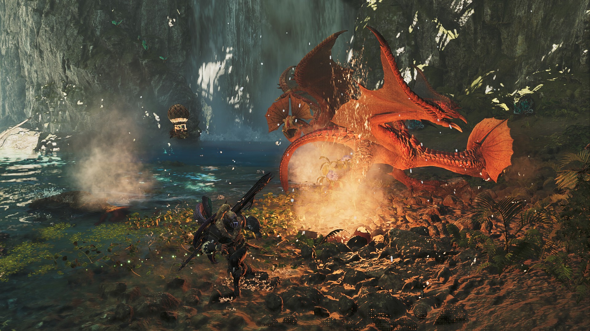 A hunter sprints away from two crazed Yian Kut-Ku in Monster Hunter Wilds.