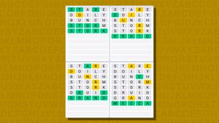 Quordle daily sequence answers for game 766 on a yellow background