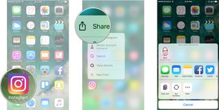 How to see Haptic Touch actions, showing how to long-press on an icon, tap the share action, then see you sharing options