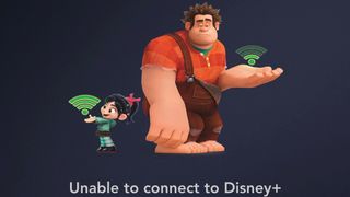Disney Plus error image with Wreck it Ralph and Vanelope holding 'signal' signs