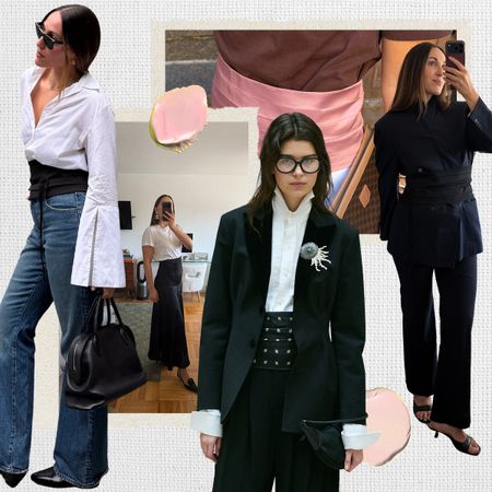 a collage of runway and editor outfit photos of Anna LaPlaca styling the cummerbund trend for fall 2026