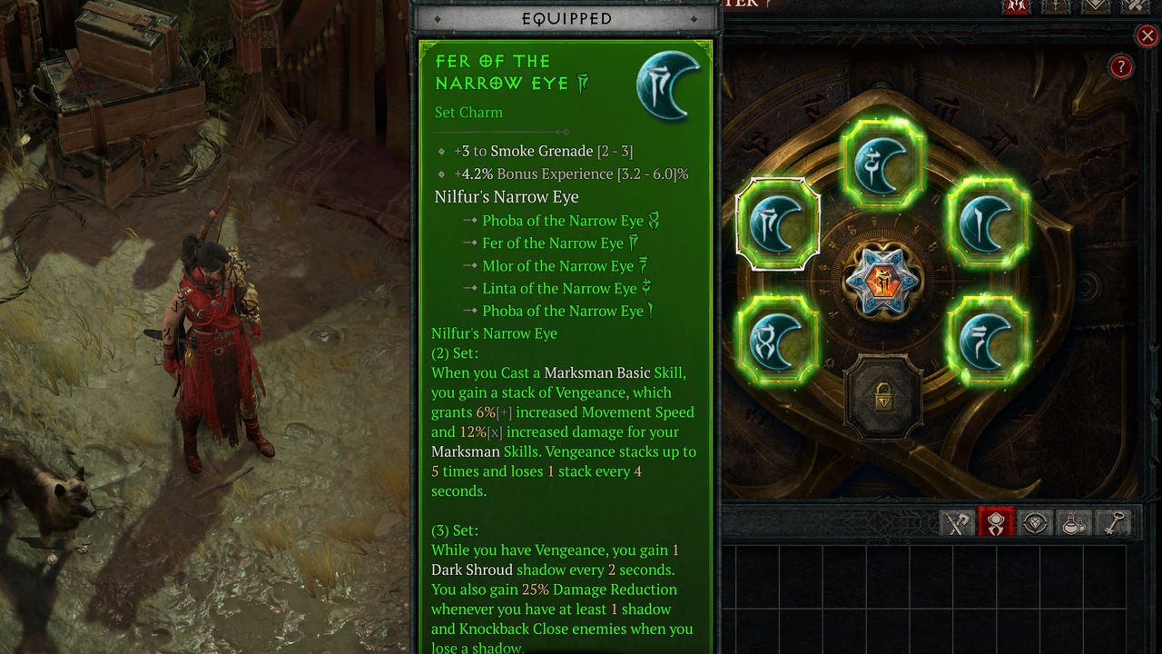 Screen shows a character in red armor standing in a marketplace. On the right, a green text box displays equipment details for the "Narrow Eye" charm set.