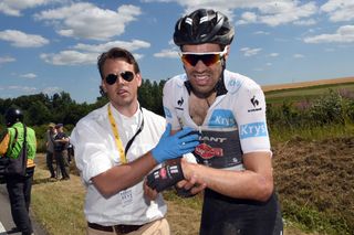 Tom Dumoulin after a crash on stage three of the 2015 Tour de France