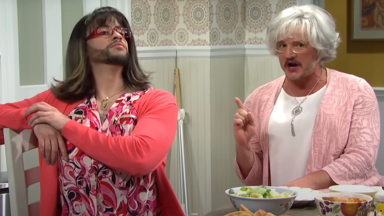 Bad Bunny and Pedro Pascal sit disapprovingly in Protective Mom 2 in the Saturday Night Live S49 E2 sketch "Protective Mom 2."