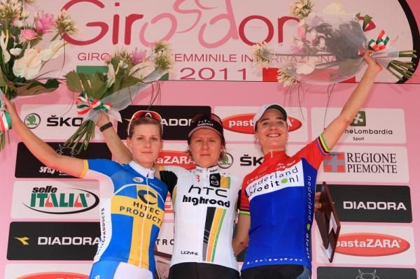 Ina Teutenberg topped Emma Johansson (left) and Marianne Vos (right) to win the stage.