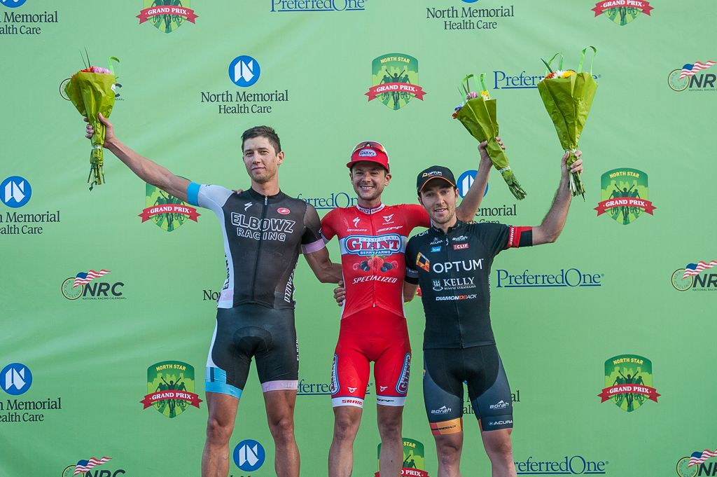 The stage 3 podium (L-to-R): Colin Strickland (Elbowz Racing), Stefano Barberi (California Giant/Specialized), Ryan Anderson (Optum p/b Kelly Benefit Strategies)