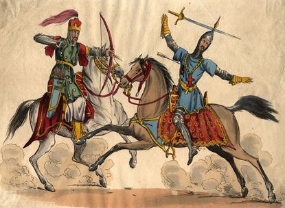 A crusader is shot by a Muslim warrior during the Crusades, circa 1250.