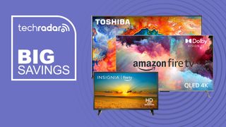 A Toshiba TV, Fire TV and Insignia TV on a purple background