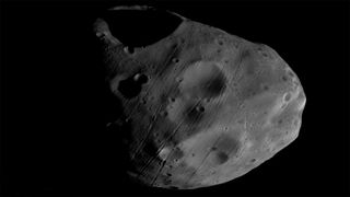 A close-up of the Martian moon Phobos.