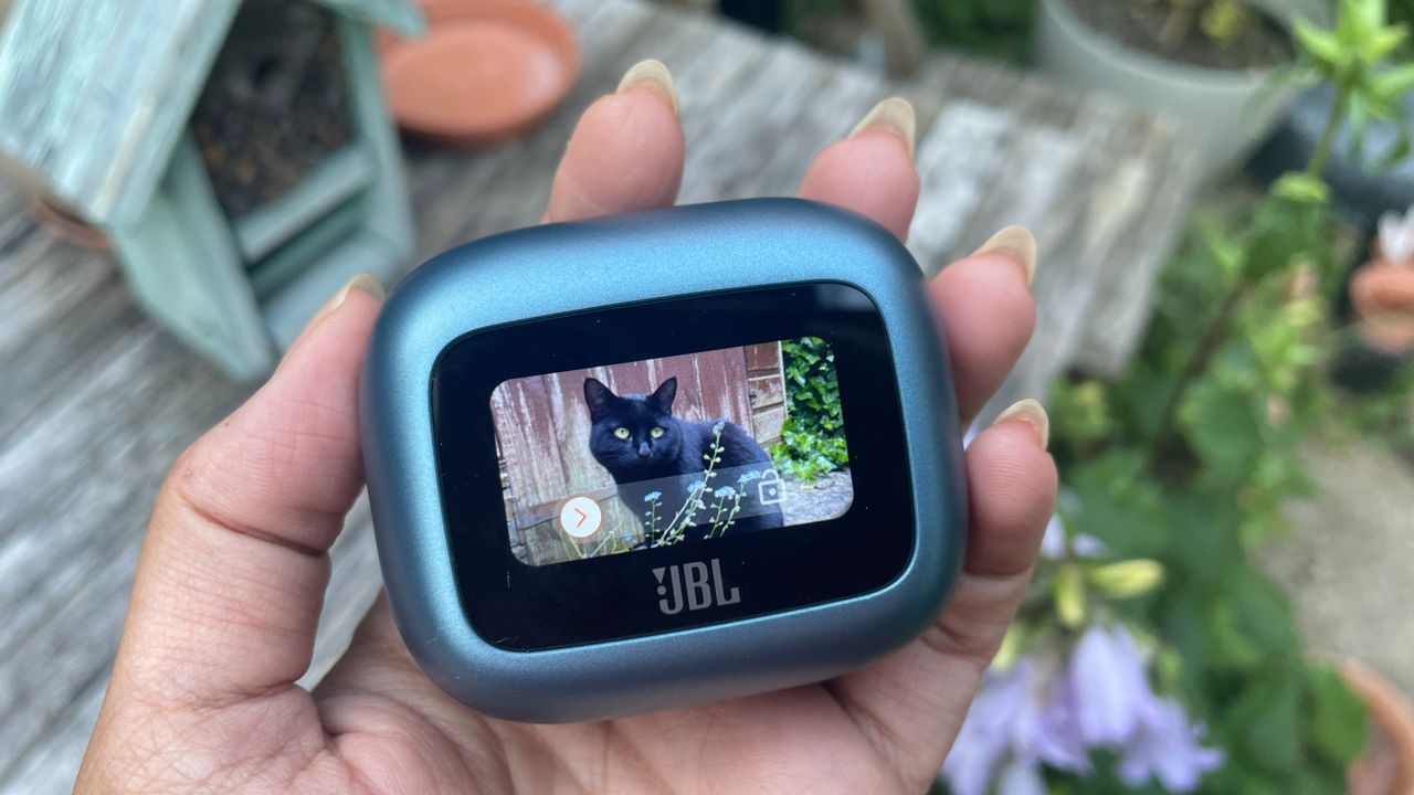 A hand holding the JBL Live Beam 3 smart case with a picture of a nice black cat on screen.