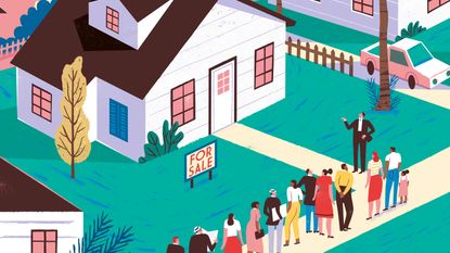Illustration of a crowd of people outside a house for sale