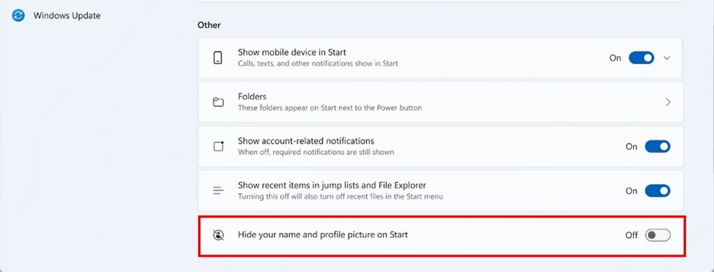 Hide your name and profile picture on Start option