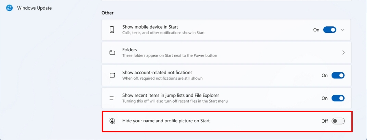 Hide your name and profile picture on Start option