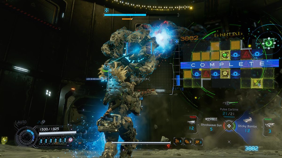Pragmata Luna Digger: A player firing at the mechanical worm boss while hacking it.