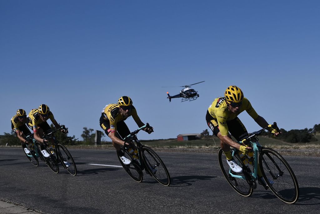 Team Jumbo rider Slovenias Primoz Roglic R and his teammates ride during the 14th stage of the 107th edition of the Tour de France cycling race 197 km between ClermontFerrand and Lyon on September 12 2020 Photo by Marco BERTORELLO AFP Photo by MARCO BERTORELLOAFP via Getty Images
