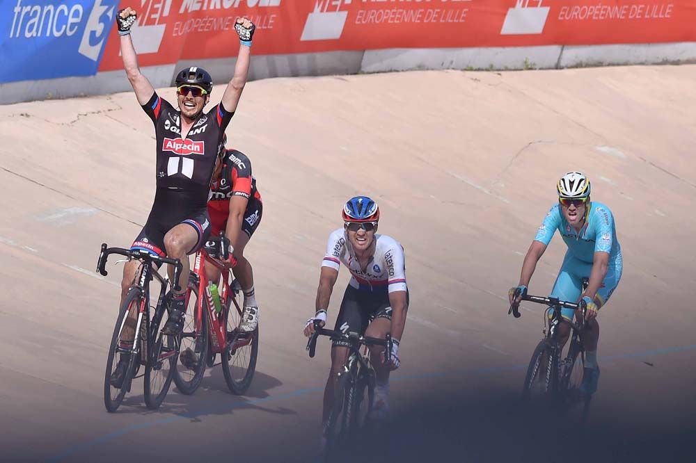Only one rider raised their arms in celebration in the Roubaix velodrome