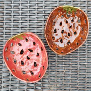 Strawberry shaped summer berry colander in pink and dark red