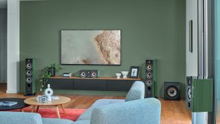 Focal Aria Evo X moss green speakers in green living room