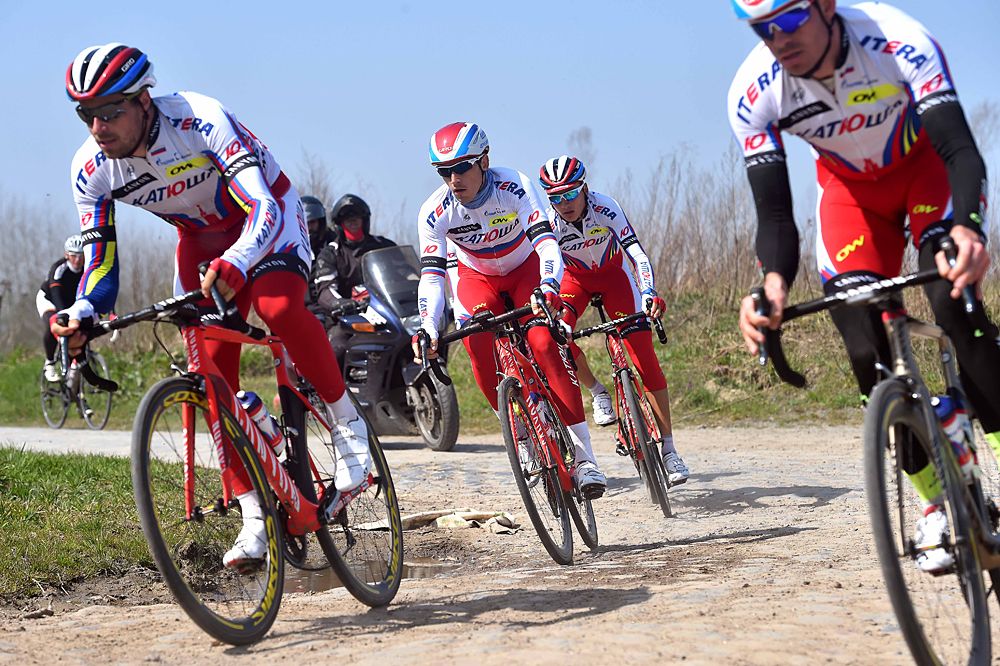 The Katusha team recons the Paris-Roubaix course