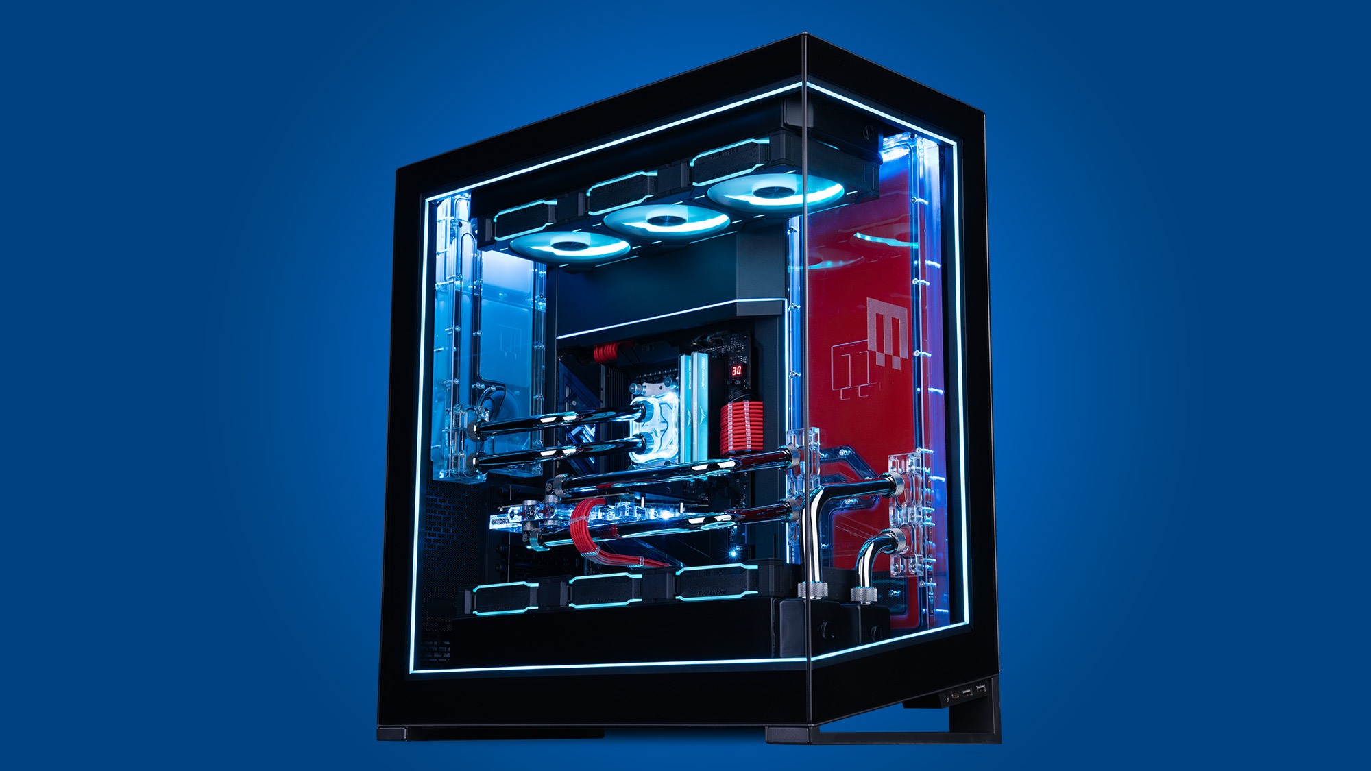 A Maingear Apex Force gaming PC against a blue background