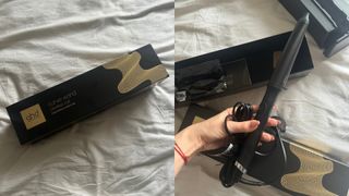 Two adjacent images showing the ghd Curve Creative Curl Wand box (left) and a handheld shot of the tool with its packaging in the background (right)