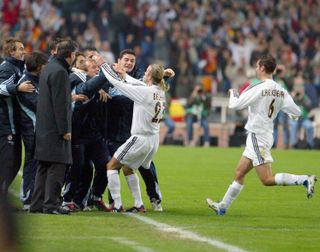 David Beckham celebrates after scoring for Real Madrid in the 2004 Copa del Rey final against Zaragoza.