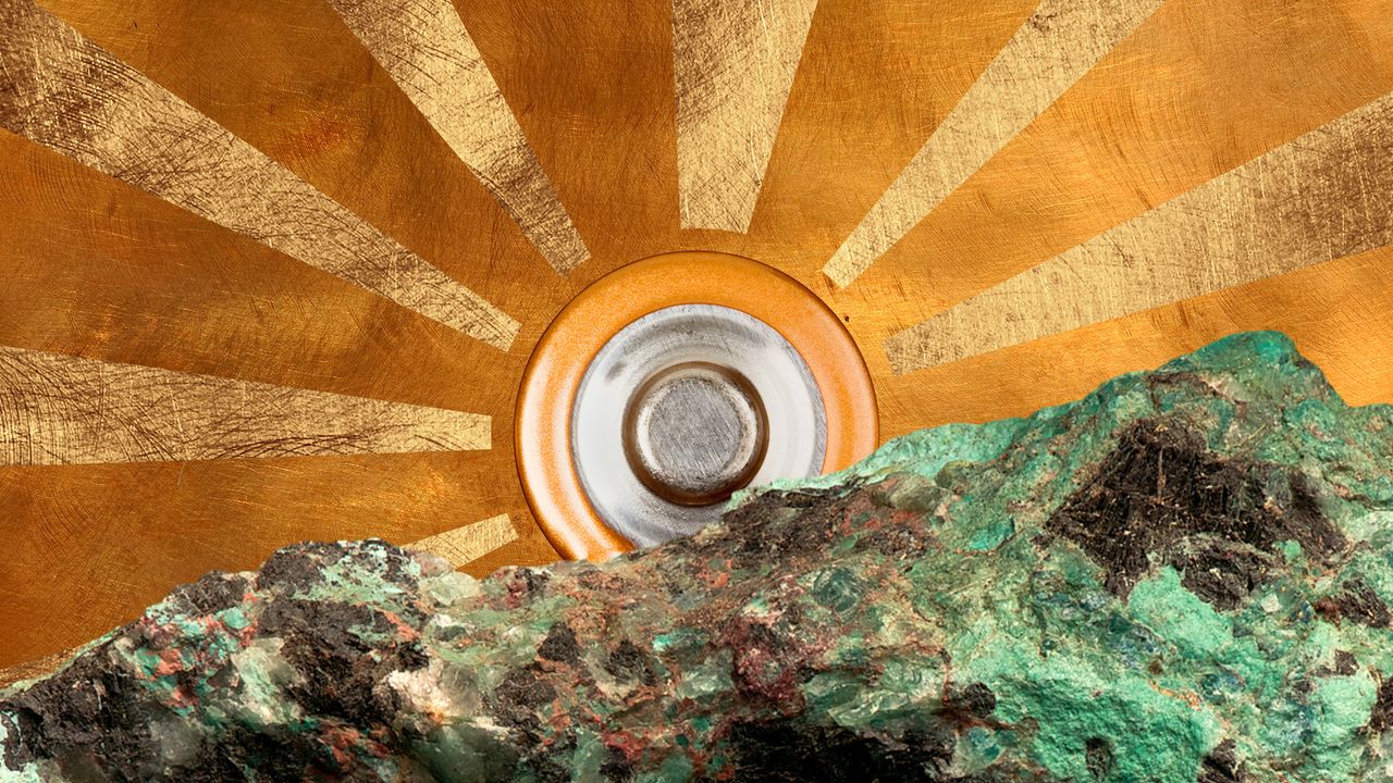 Photo collage of a landscape made up of various forms of copper. Raw ore, red and green in tone, is mimicking the shape of a mountain at the bottom of the image. In the centre, the positive end of an AA battery, like the sun rising on the horizon. The rays of sun radiating from it are rendered in two tones of copper sheet.